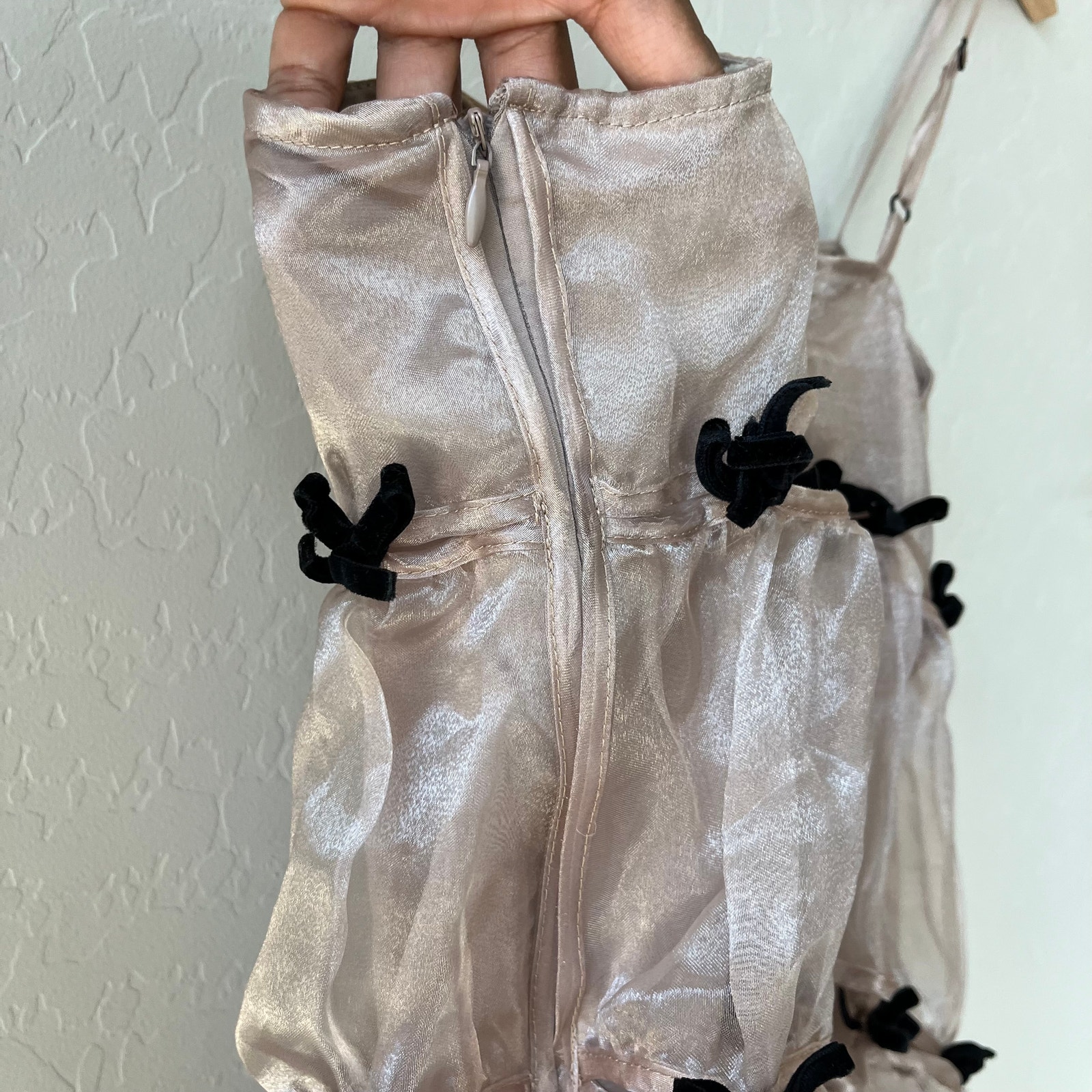 Marchen Dress Bow Embellished Asymmetric Organza Midi Dress Beige Black S — image 6 of 8